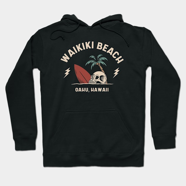 Vintage Surfing Waikiki Beach Oahu Hawaii // Retro Surf Skull Hoodie by Now Boarding